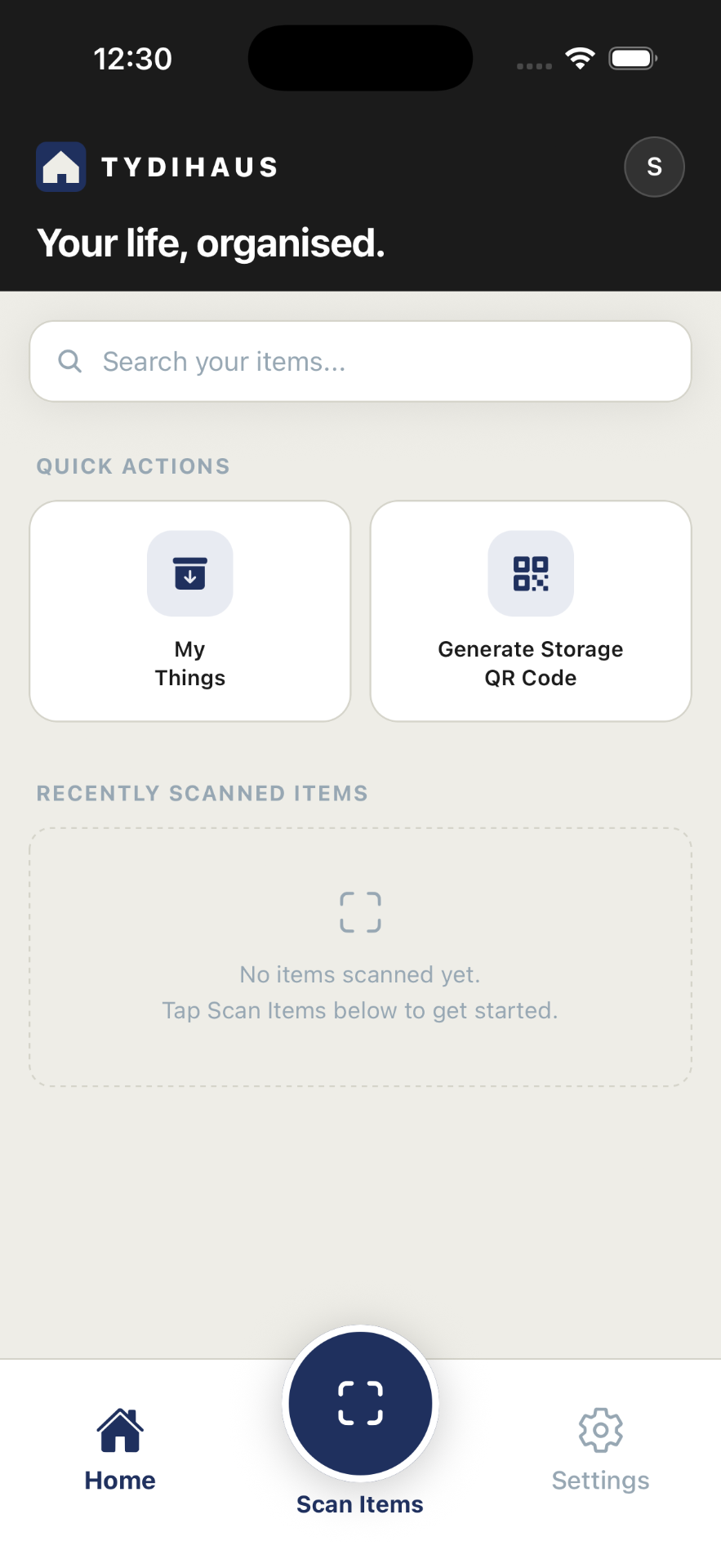 TYDIHAUS home screen with Scan Items tab bar