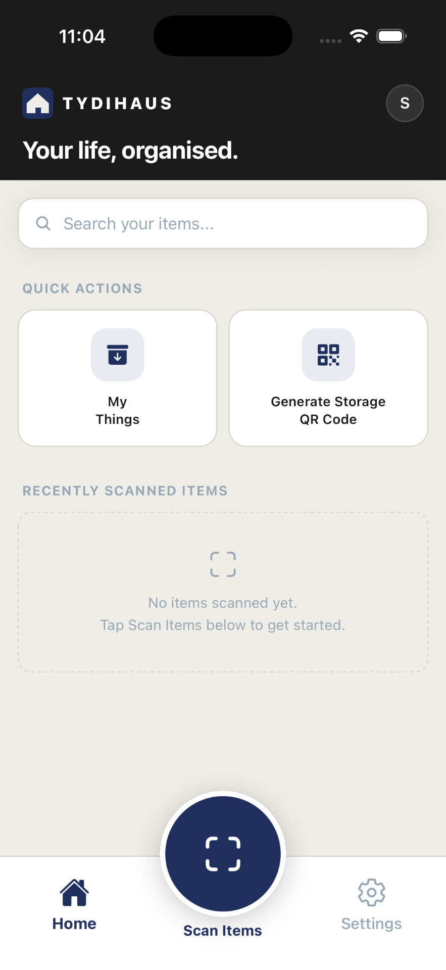 TYDIHAUS home screen showing search, quick actions and recently scanned items