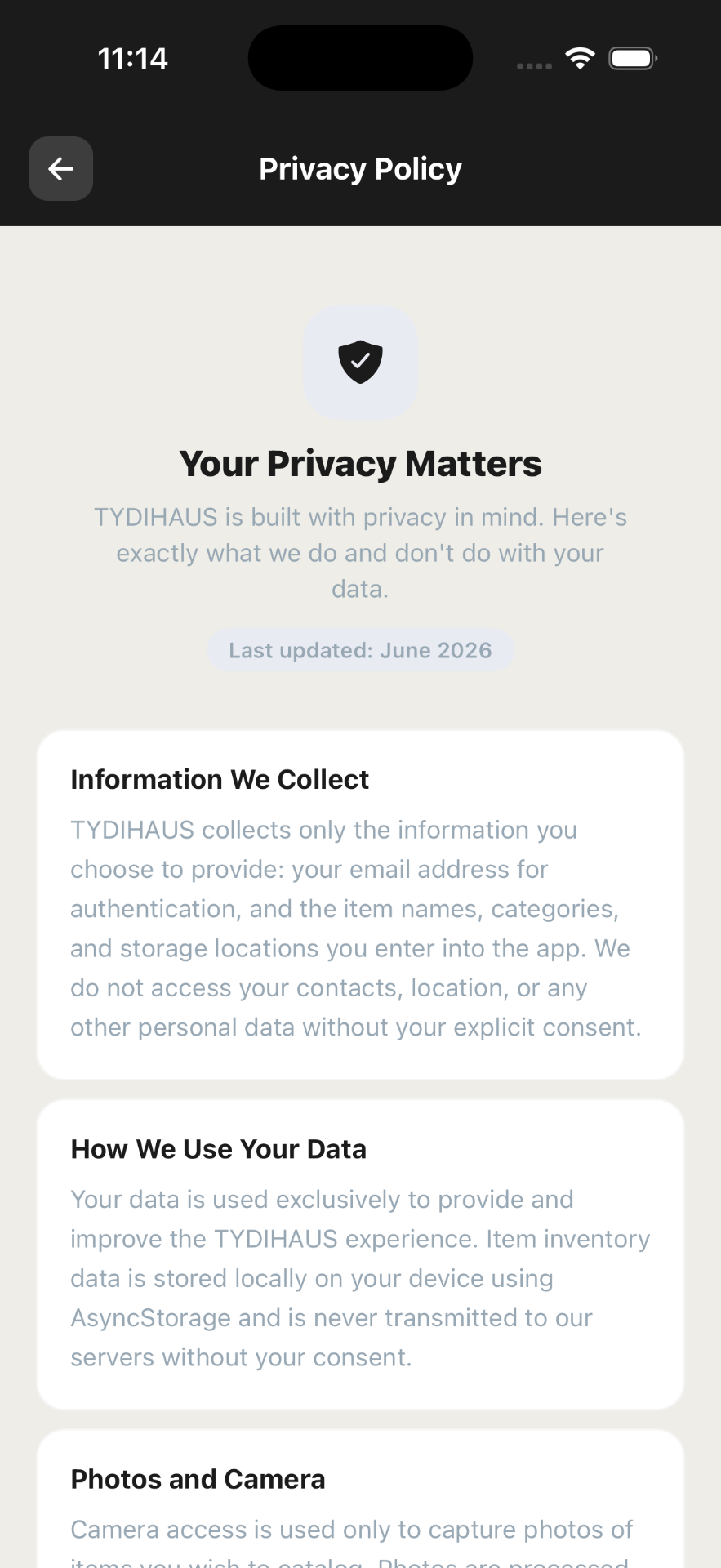 TYDIHAUS privacy policy screen