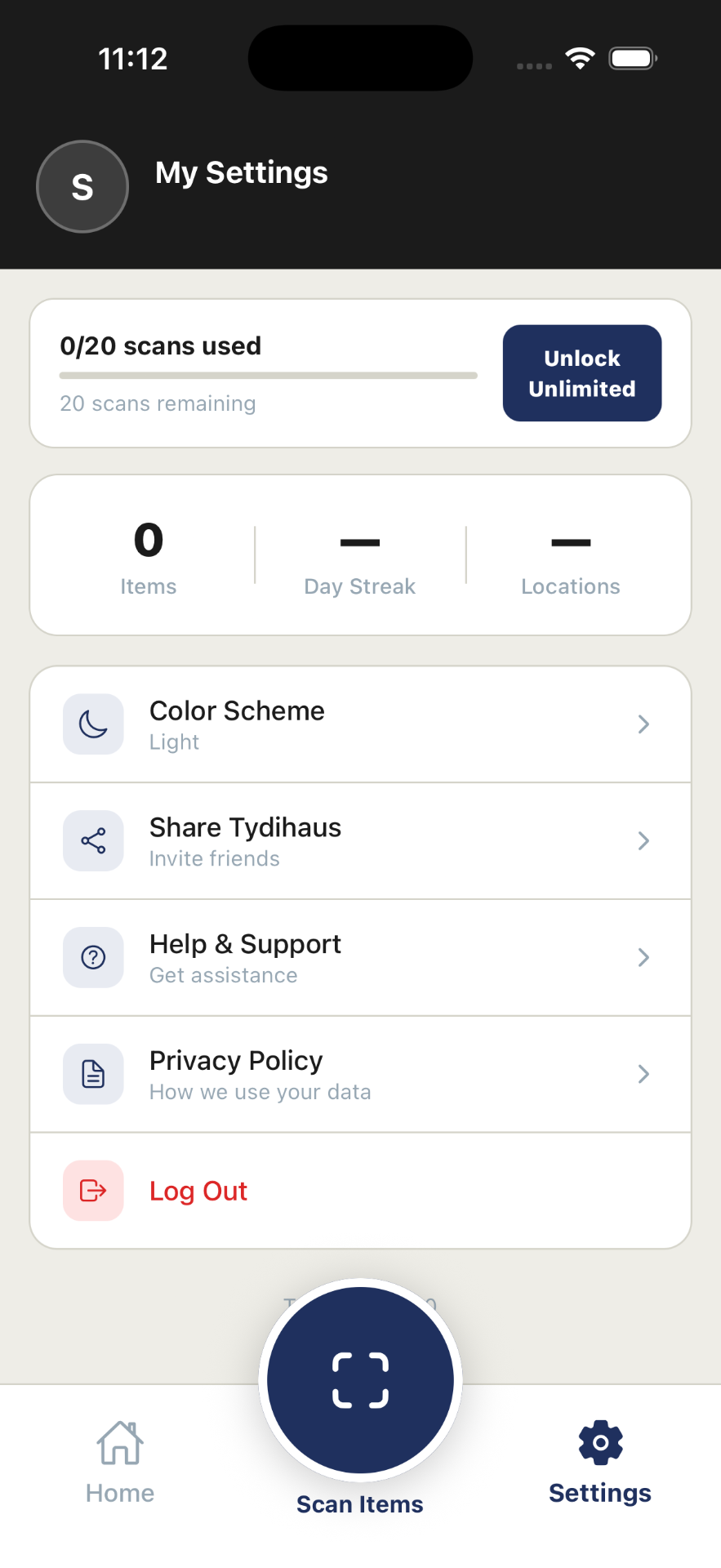 TYDIHAUS settings screen with scan usage and options